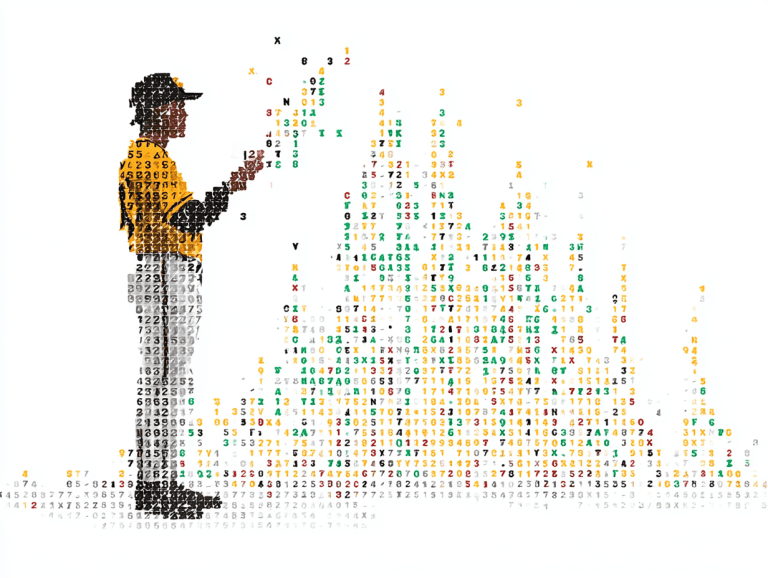The image is a creative, stylized artwork composed entirely of alphanumeric characters and symbols. It depicts a baseball player in a yellow and black uniform standing on the left side, appearing to throw or release a series of numbers and letters that scatter and form a bell-curve-like shape. The overall composition combines visual art with data symbolism, possibly illustrating the