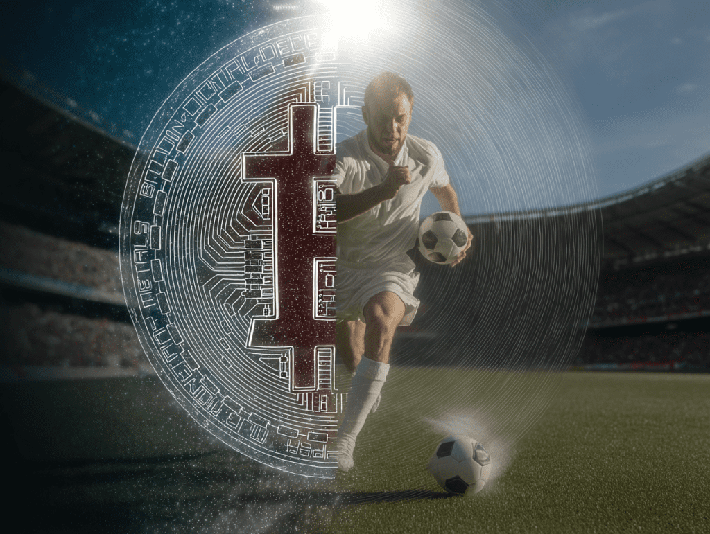 A digital composite image showing a soccer player in motion on a stadium field with a Bitcoin symbol and circuit pattern overlaying half of the scene, representing the fusion of cryptocurrency and sports betting.