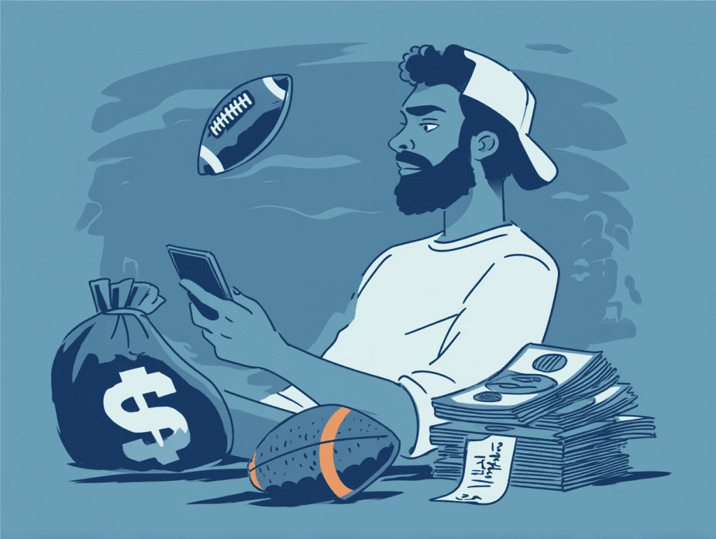 Illustration of a bearded man in a backward cap using a smartphone, surrounded by sports betting elements including a flying football, a money bag with a dollar sign, a stack of cash, a betting slip, and another football, all in a monochromatic blue color scheme. The visual suggests online sports betting and financial decision-making.