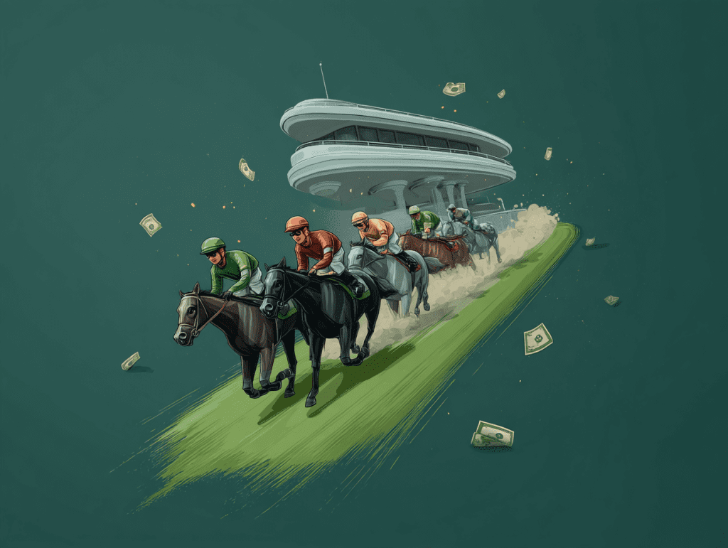 Illustration of a horse race with jockeys in colorful uniforms charging down a green turf track, leaving a trail of flying dollar bills, with a futuristic grandstand in the background symbolizing high-stakes betting and fast-paced gambling action.