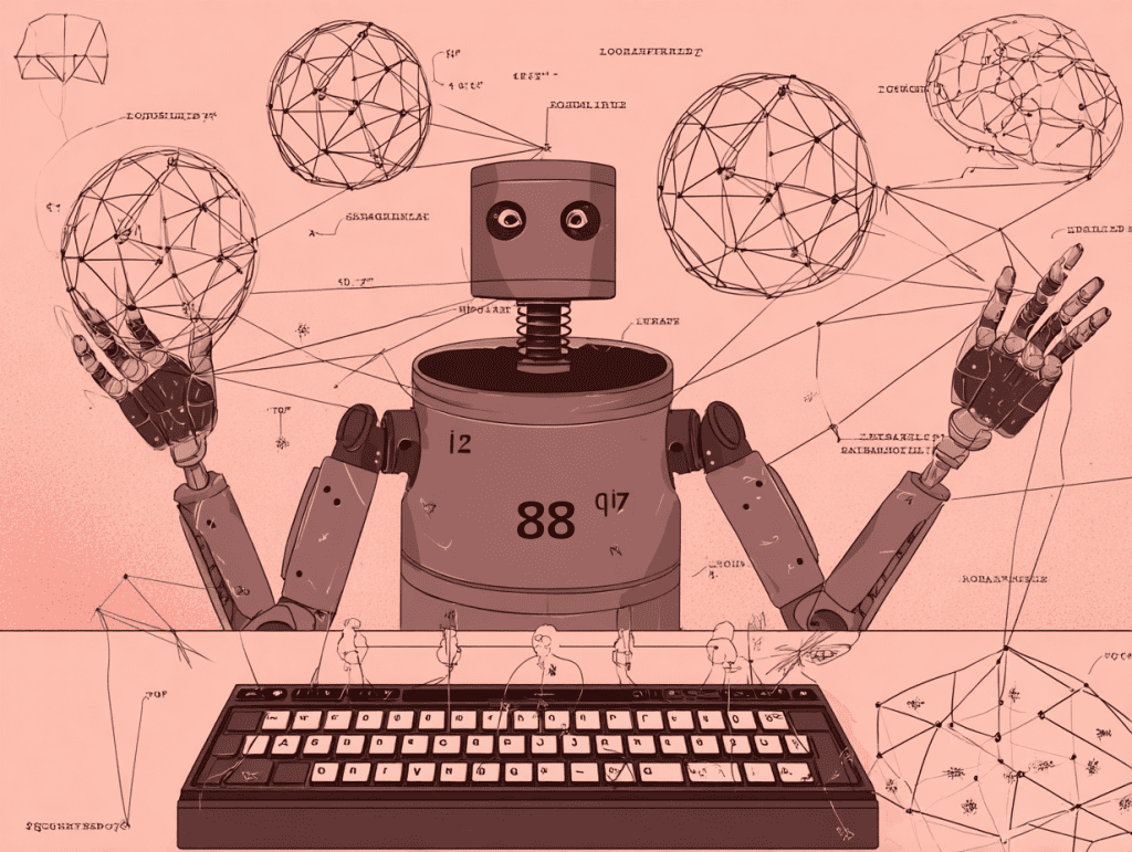 Illustration of a humanoid robot analyzing data, surrounded by geometric network spheres and mathematical annotations, symbolizing artificial intelligence learning and complex data processing.