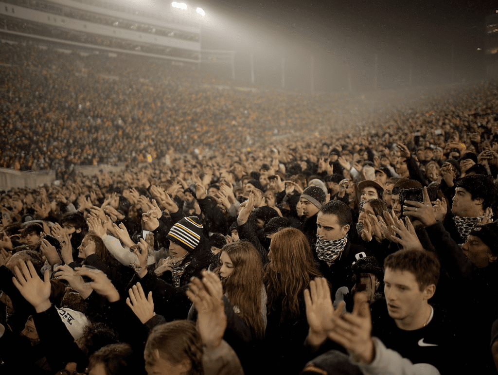 A massive crowd at a football stadium, likely during or after a high-stakes college or NFL game, with fans on the field or close to it, celebrating in unison—possibly after a significant win. The foggy atmosphere, winter clothing, and synchronized fan movement all contribute to a powerful visual of football's unmatched cultural intensity in the U.S.