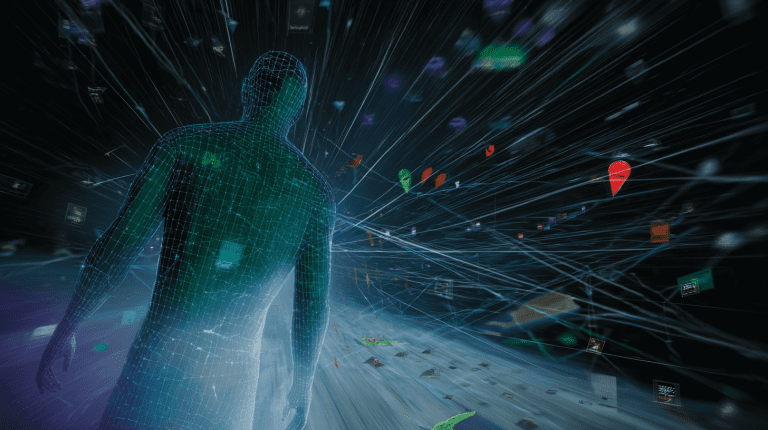 Wireframe human silhouette moving through data streams and location pins, symbolizing betting app surveillance.