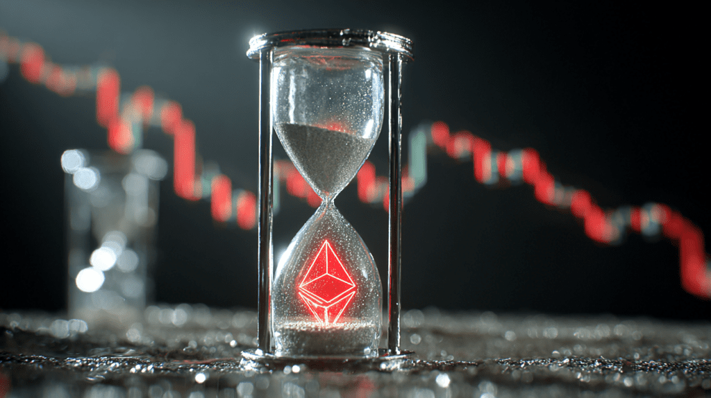 Hourglass with a glowing Ethereum logo and sand running out, set against a red falling candlestick chart—symbolizing crypto withdrawal delays and value erosion.
