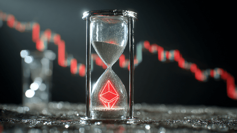 Hourglass with a glowing Ethereum logo and sand running out, set against a red falling candlestick chart—symbolizing crypto withdrawal delays and value erosion.