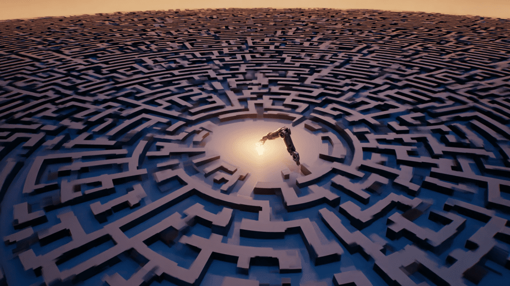 AI robotic hand glowing at the center of a vast labyrinth, symbolizing artificial intelligence navigating complex challenges and finding solutions.