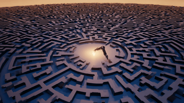 AI robotic hand glowing at the center of a vast labyrinth, symbolizing artificial intelligence navigating complex challenges and finding solutions.