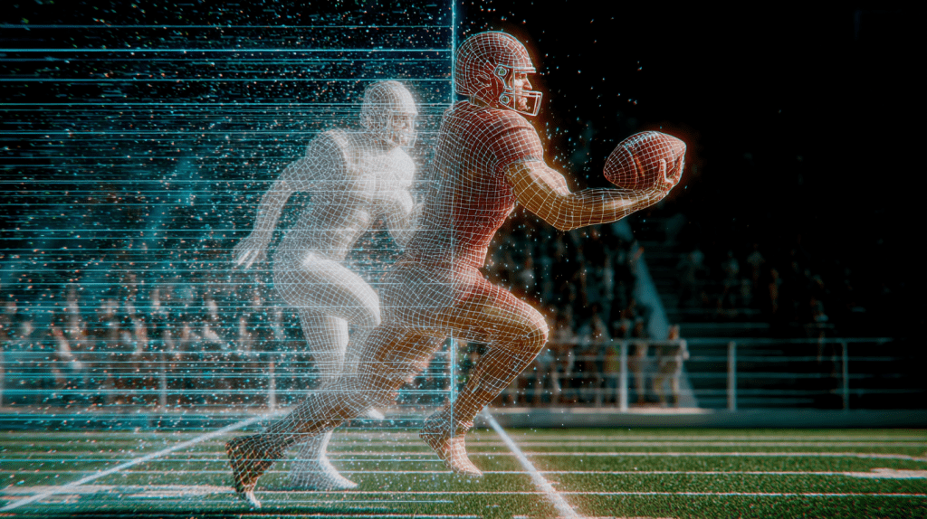 Digital visualization of an American football player running with the ball, overlaid with wireframe and holographic tracking data, symbolizing AI and sports analytics.
