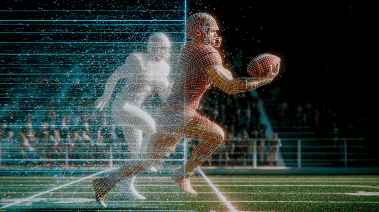 Digital visualization of an American football player running with the ball, overlaid with wireframe and holographic tracking data, symbolizing AI and sports analytics.