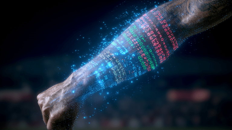 Professional athlete’s arm displayed as a glowing digital hologram with biometric numbers and data streams projected across the skin, symbolizing wearable technology and real time performance tracking in sports.