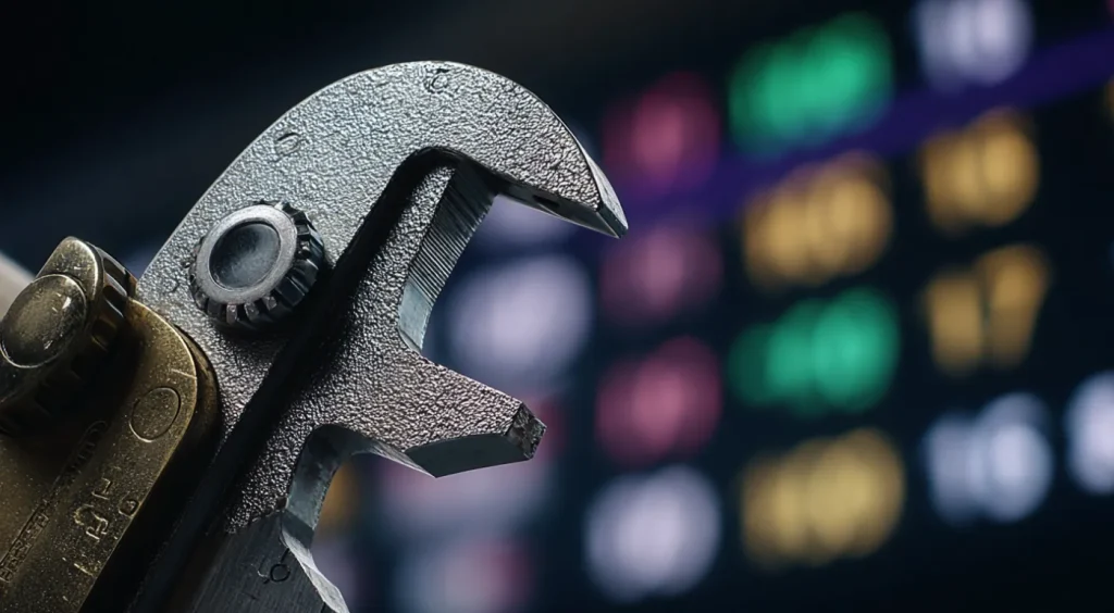 Cinematic close-up of a vintage brass caliper measuring sports betting odds on a digital screen, contrasting the precision of sharp lines against a blurry, chaotic sportsbook background.