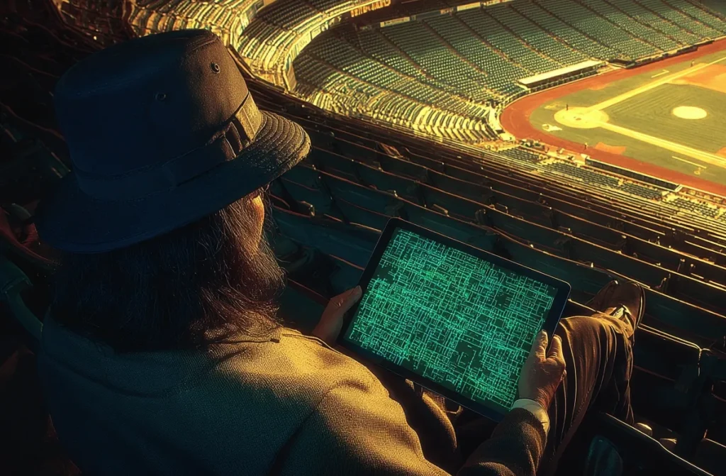 A cinematic shot of a modern sports scout sitting high in an empty baseball stadium, analyzing complex green biometric data and algorithmic matrices on a tablet, symbolizing the shift from traditional observation to AI-driven analytics.