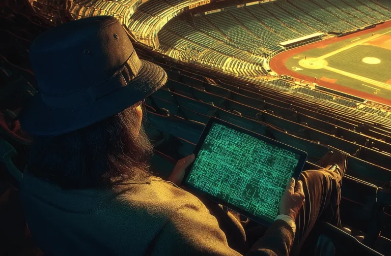 A cinematic shot of a modern sports scout sitting high in an empty baseball stadium, analyzing complex green biometric data and algorithmic matrices on a tablet, symbolizing the shift from traditional observation to AI-driven analytics.