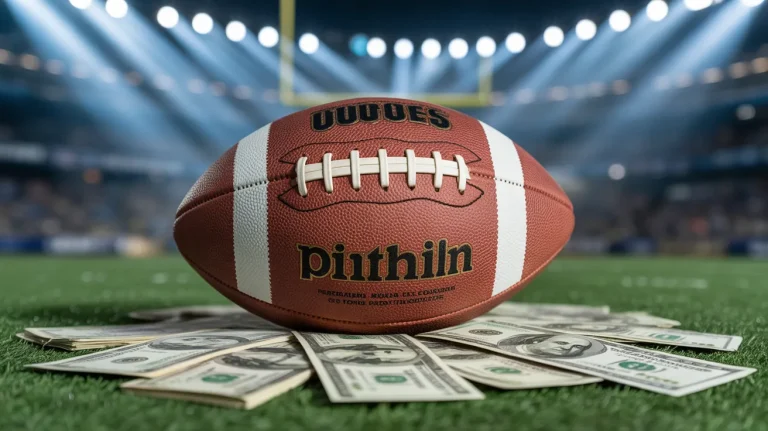 Close up of an American football resting on a pile of money, stadium lights reflecting off the pigskin, dramatic sports photography style, high contrast.
