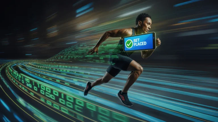 Motion blur photography of a sprinter on a track, but the track is made of streaming data codes, the runner is holding a smartphone with a "Bet Placed" notification, emphasizing speed and low latency.