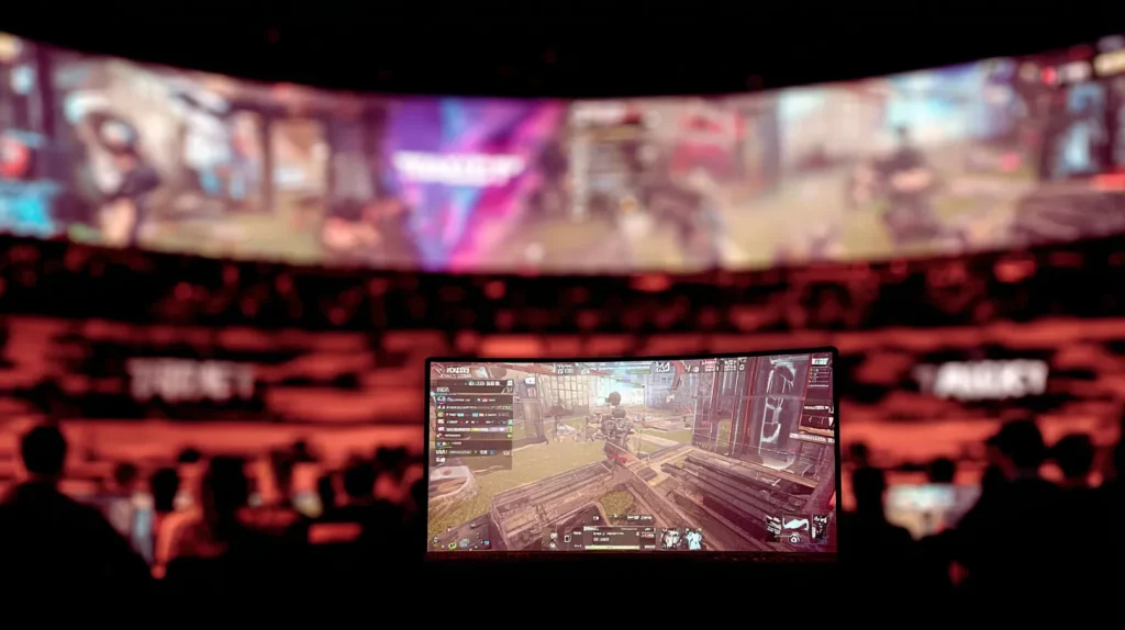 Cinematic shot of an eSports arena from the player's perspective, looking at a curved monitor displaying Counter-Strike gameplay, blurred crowd in the background with neon team colors, intense competitive atmosphere.
