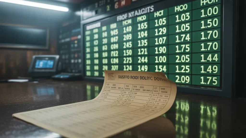 A digital sports betting odds board showing high profitability numbers in glowing green, sharply contrasting with a dusty old traditional betting slip.