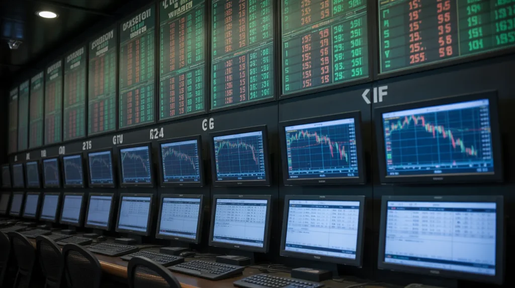 A wall of glowing digital monitors showing rapidly fluctuating sports betting lines and green/red candlestick charts.