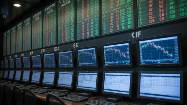 A wall of glowing digital monitors showing rapidly fluctuating sports betting lines and green/red candlestick charts.