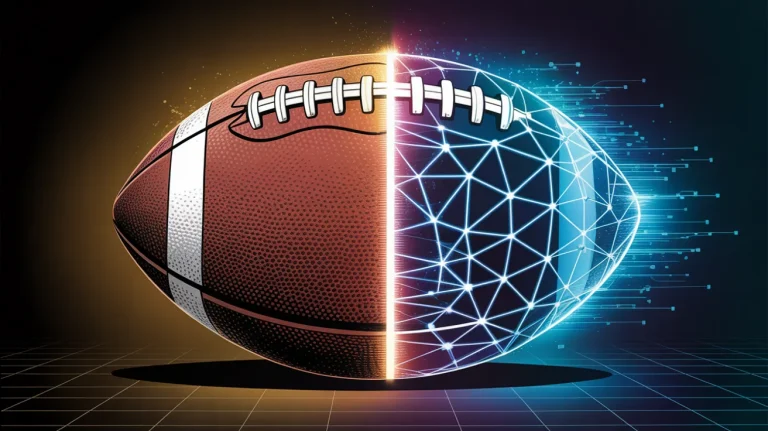 A vintage leather football transforming into a glowing digital polygon network, bridging old school sports betting with modern web3 tech.