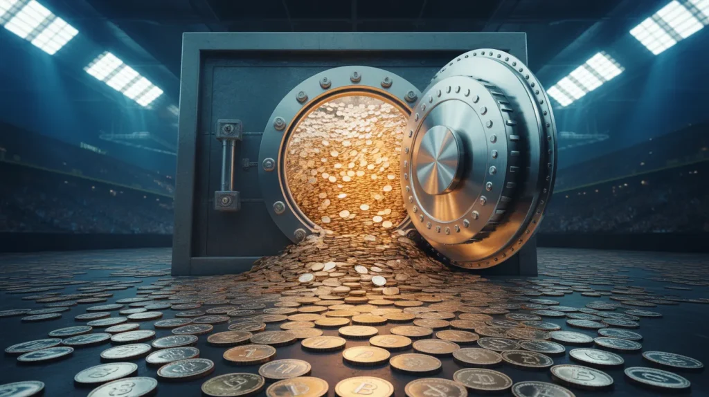 A massive digital vault door opening to reveal a flood of glowing cryptocurrency coins, cinematic sports arena lighting.
