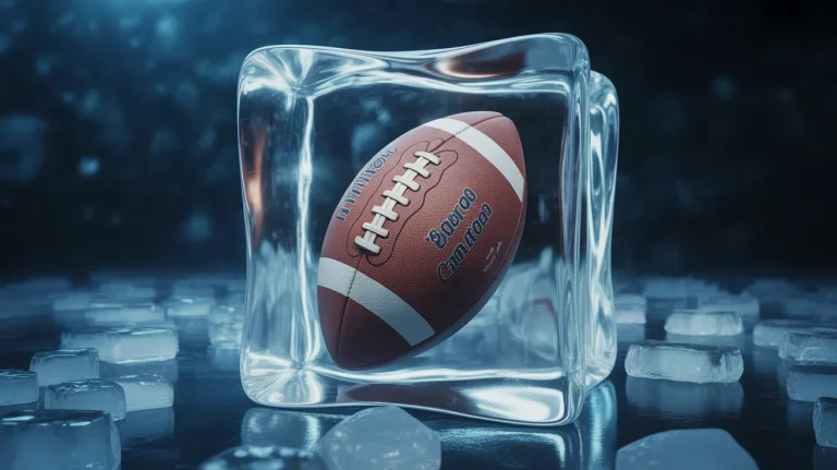 A football frozen inside a solid block of glowing digital ice, representing locked up capital in sports betting futures.