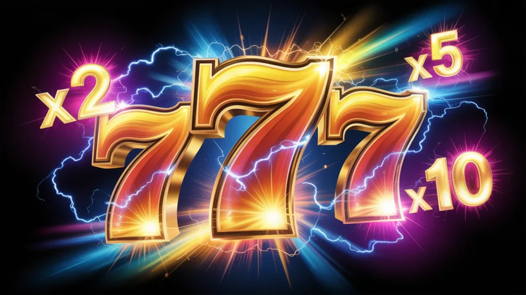 A massive golden 777 glowing with electric energy, surrounded by exploding digital particles and multipliers.