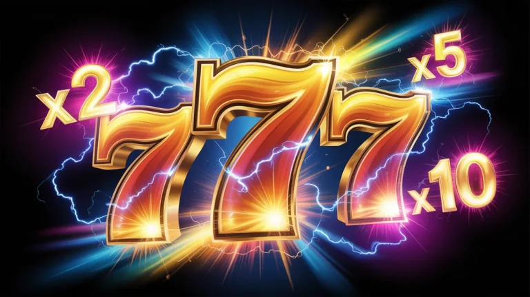 A massive golden 777 glowing with electric energy, surrounded by exploding digital particles and multipliers.