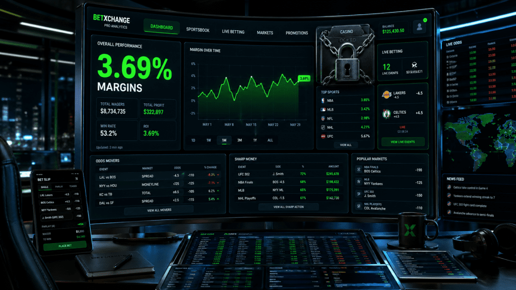 A high-tech digital sports trading desk showing 3.69% margins in bright green, with a locked digital padlock covering the casino tab, cinematic lighting, 8k