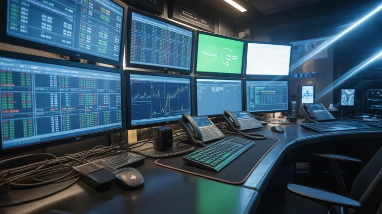 A professional sports trading desk with multiple curved monitors displaying sharp betting odds, dynamic line movements, and a glowing crypto wallet interface.