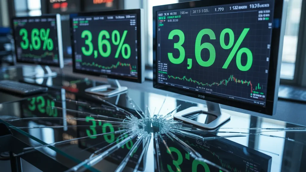 High-tech sports trading screens showing incredibly sharp 3.6% margins in bright green, sitting on a fragile, cracking glass desk.