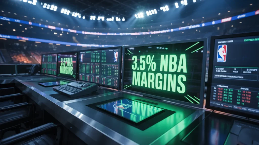 A futuristic digital sports trading desk displaying 3.5% NBA margins in bright green, cinematic stadium lighting, high contrast, 8k