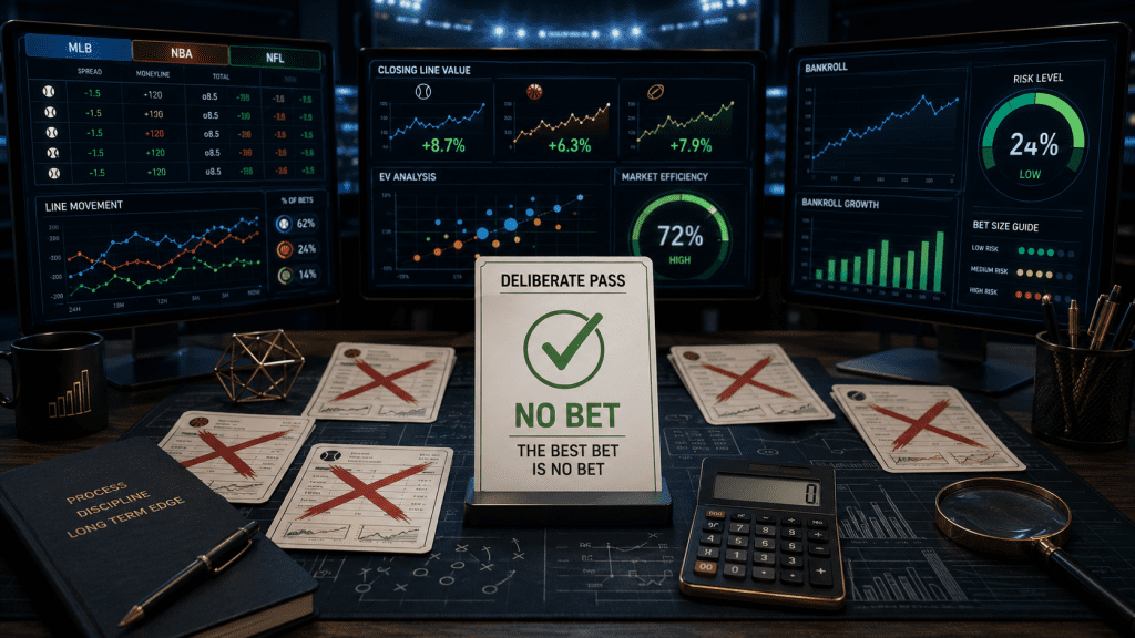 Modern sports betting analysis desk with odds boards, line movement charts, bankroll meters, crossed-out weak bets, and a central No Bet decision card.