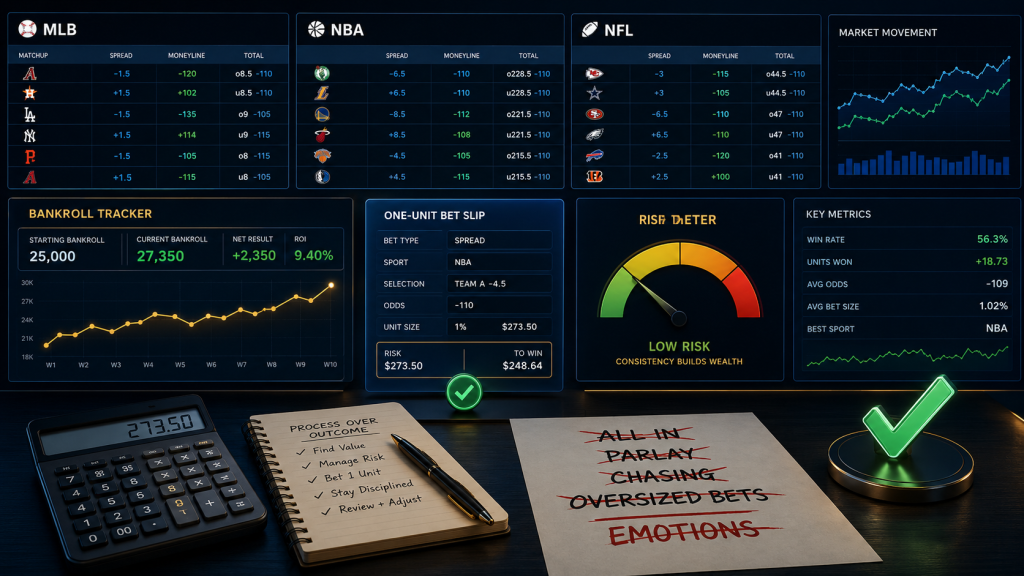 Sports betting analytics desk with bankroll tracker, one-unit bet slip, risk meter, odds boards, crossed-out oversized bets, calculator, notebook, and green checkmark.