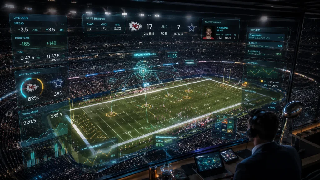 A high-tech digital football field with floating holographic betting odds and data points, intense cinematic stadium lighting, photorealistic, 8k