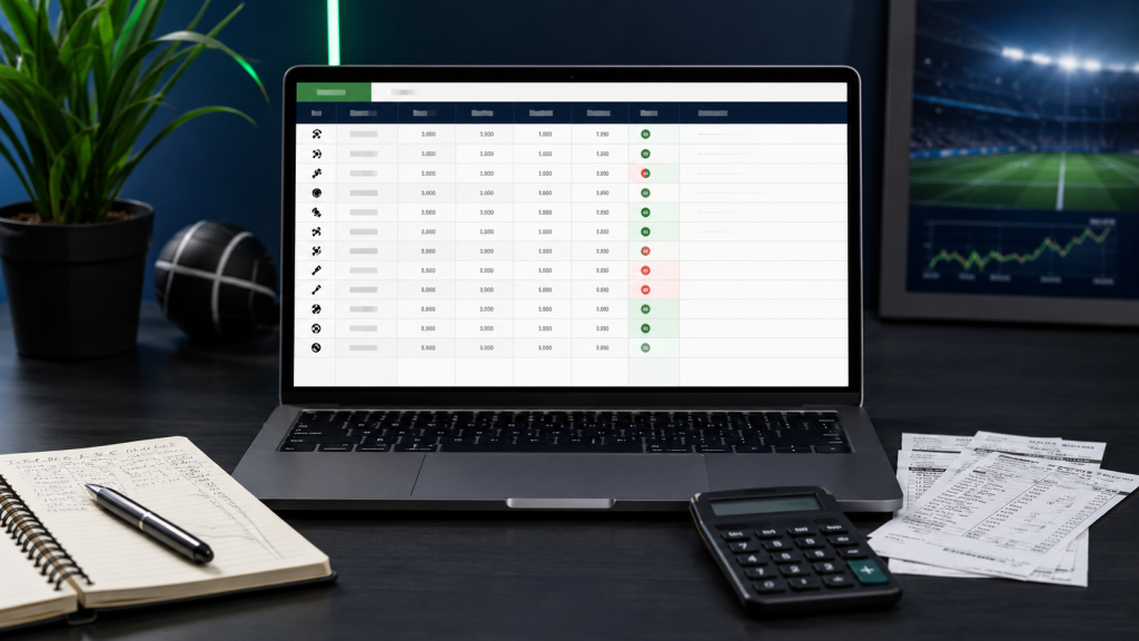 Laptop showing a simple sports betting edge tracker spreadsheet with odds, stakes, closing line, results, notes, calculator, notebook, pen, and betting slips on a clean desk.