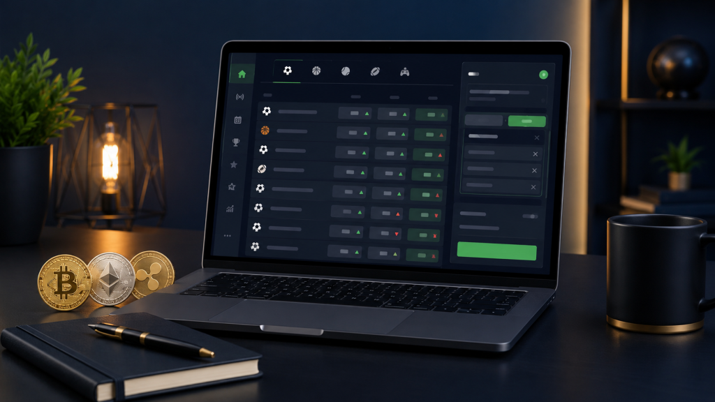 Laptop showing a crypto sportsbook interface with odds board and bet slip, beside a notebook, pen, and generic crypto coins on a clean desk.