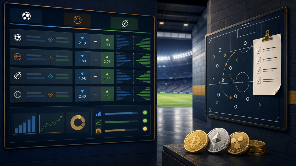 Sportsbook evaluation board in a stadium tunnel with odds cards, market depth markers, payout arrows, crypto coins, and a checklist on a tactics board.