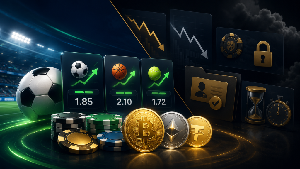 Polished sportsbook-casino hybrid with odds cards, casino chips, crypto coins, margin arrows, bonus locks, KYC folder, and withdrawal timer icons.